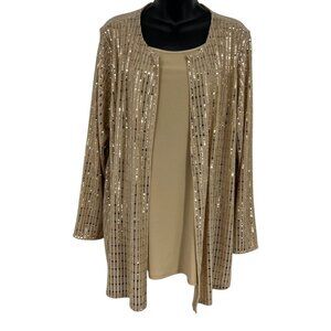 Anne Klein Plus Size Womens 2-fer Top Blouse Gold Sequin Scoop Long Sleeve New